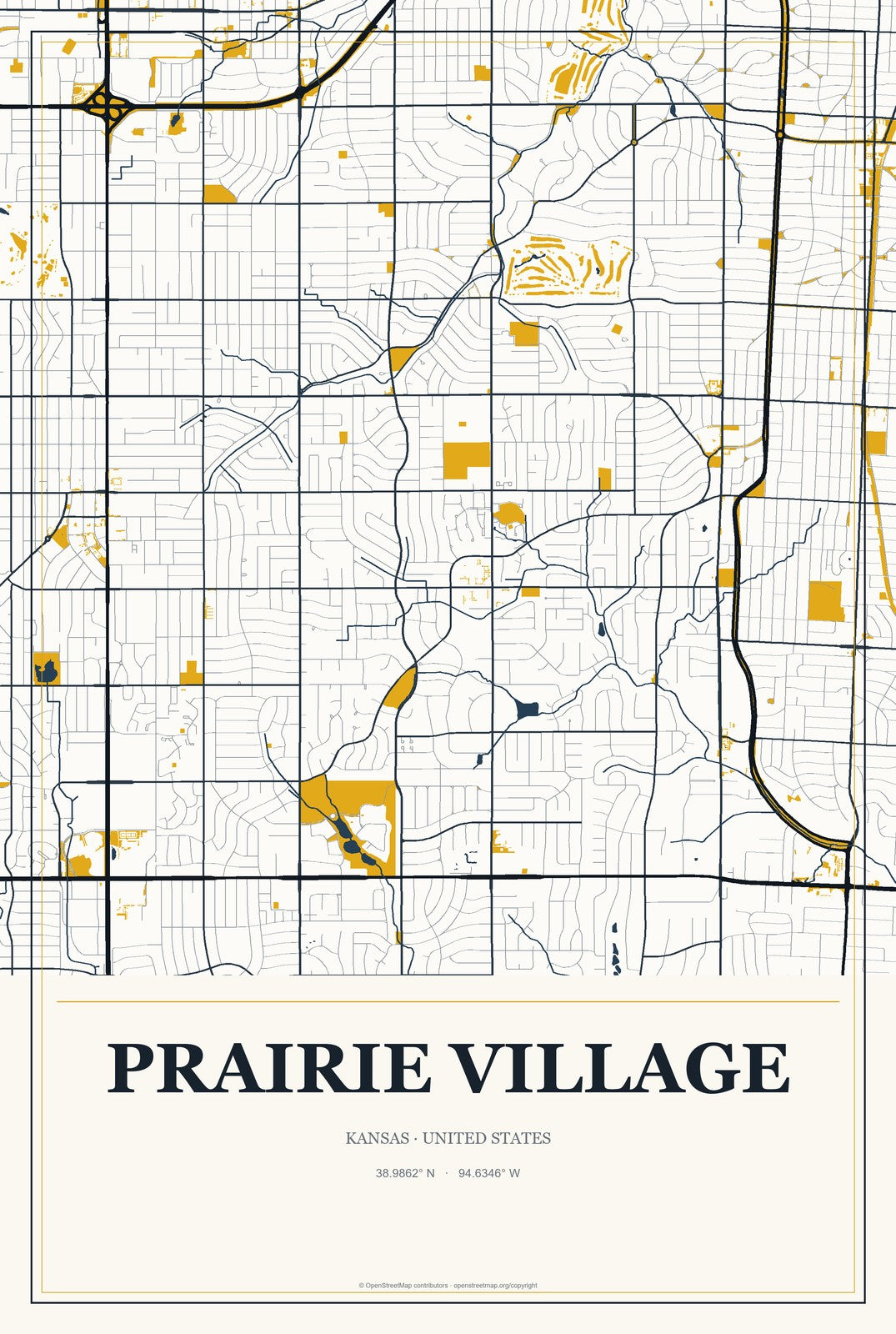 Prairie Village, Kansas City Map Aluminum Sign in Citrine Modern style