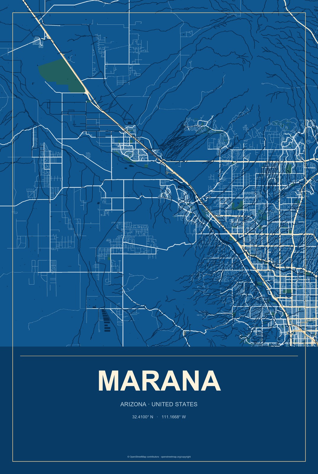 Marana, Arizona City Map Aluminum Sign in Harbor Cobalt style