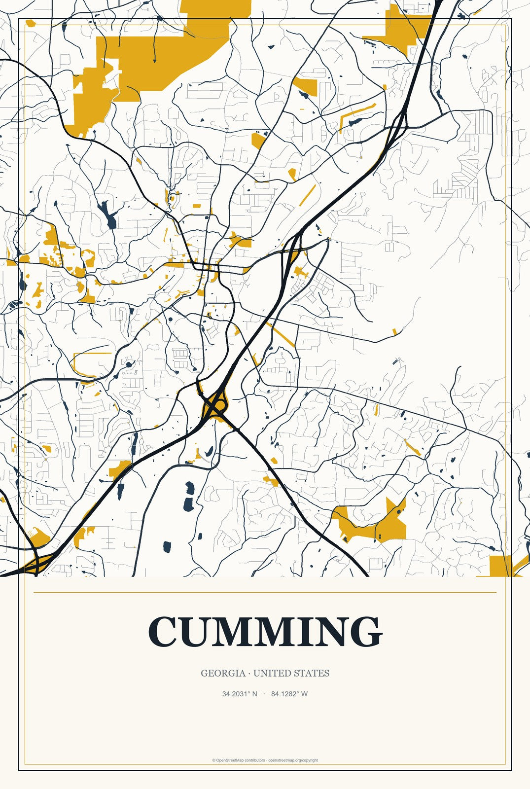 Cumming, Georgia City Map Aluminum Sign in Citrine Modern style