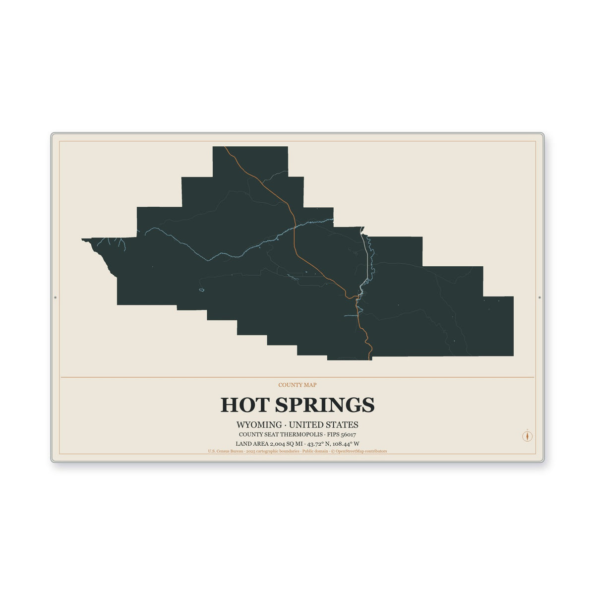 Hot Springs County, Wyoming Map Aluminum Sign in Headline Atlas style