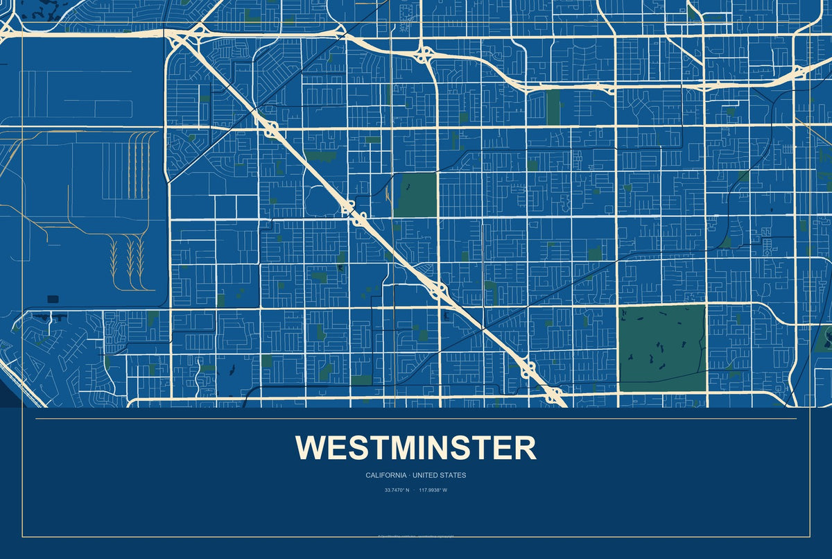 Westminster, California City Map Aluminum Sign in Harbor Cobalt style