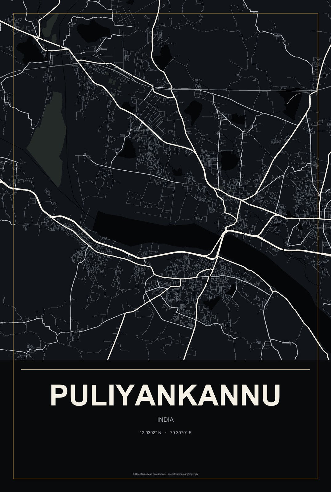 Puliyankannu, India City Map Aluminum Sign in Metropolitan Noir style
