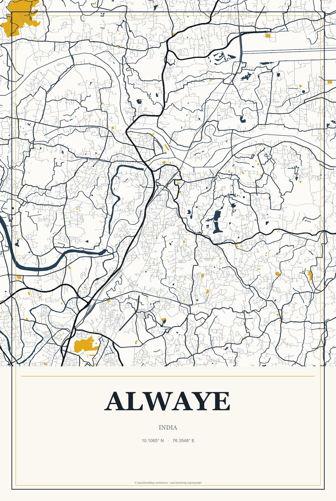 Alwaye, India City Map Aluminum Sign in Citrine Modern style