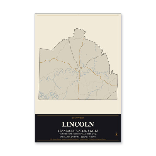 Lincoln County, Tennessee Map Aluminum Sign in Museum Plaque style