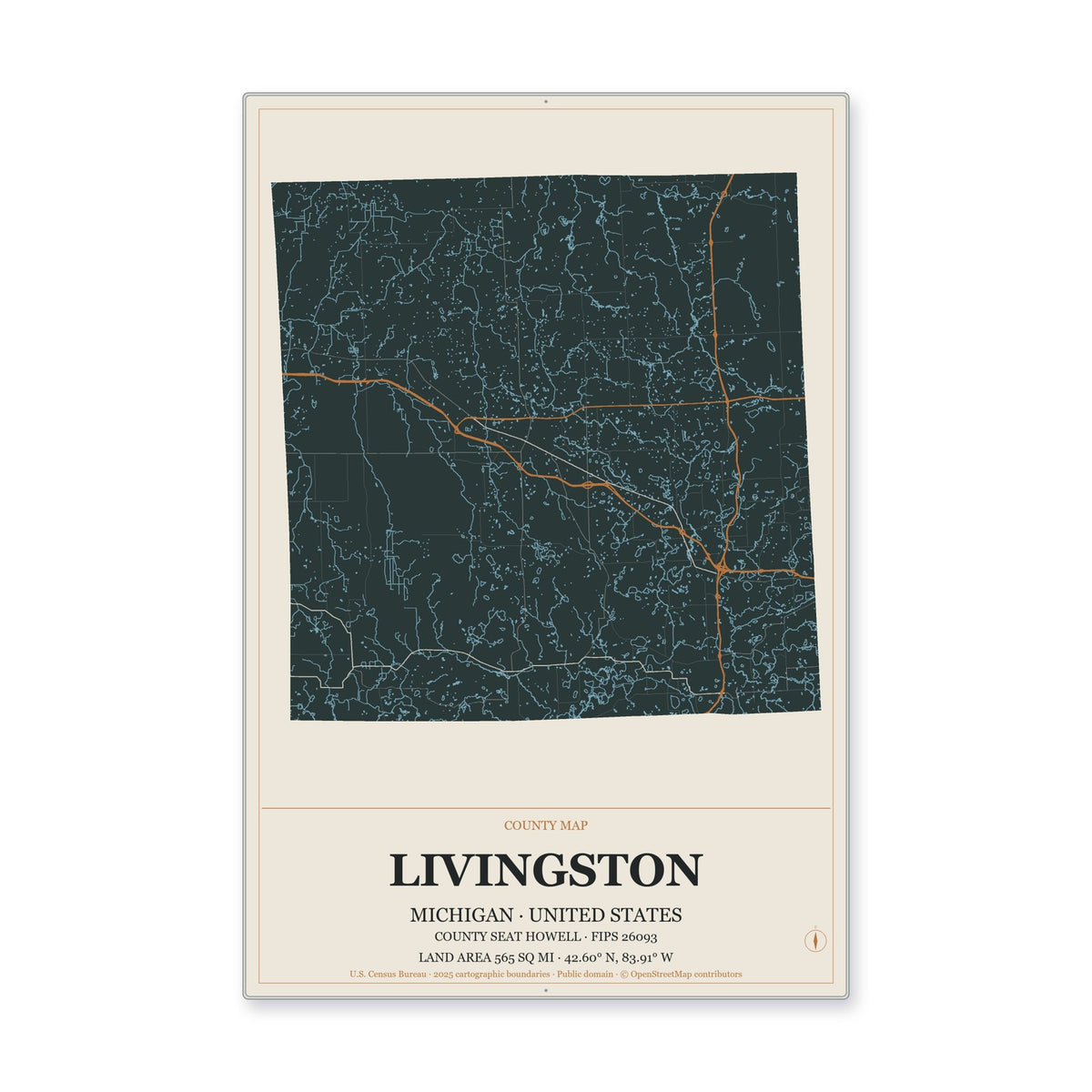 Livingston County, Michigan Map Aluminum Sign in Headline Atlas style