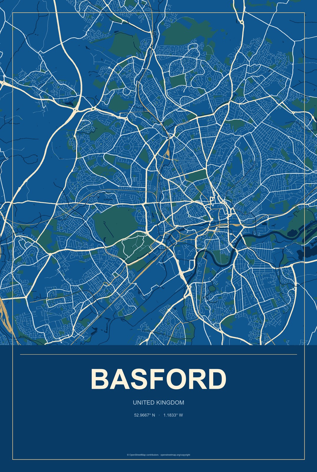 Basford, United Kingdom City Map Aluminum Sign in Harbor Cobalt style