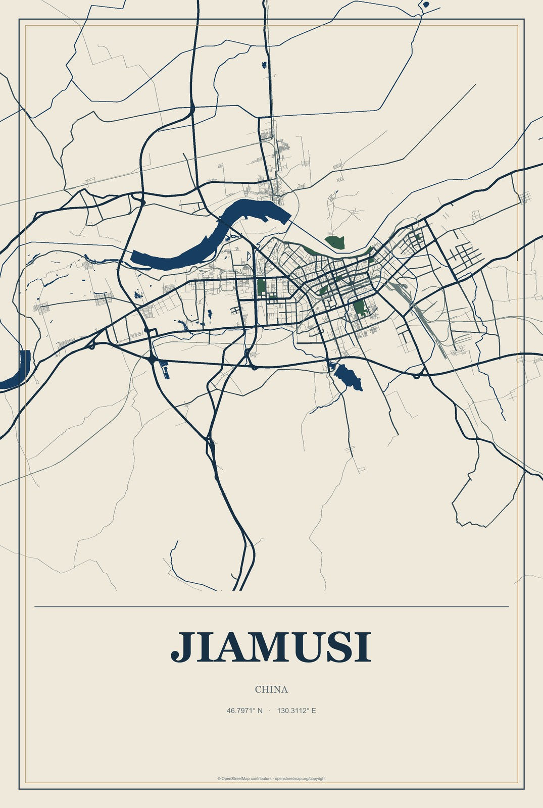 Jiamusi, China City Map Aluminum Sign in Coastal Cutout style