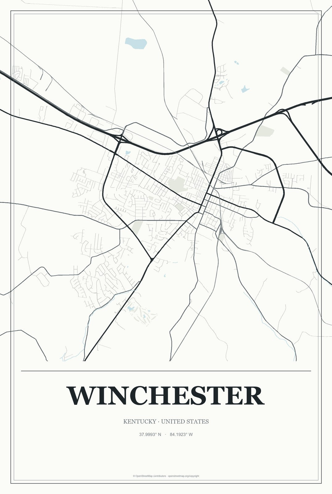 Winchester, Kentucky City Map Aluminum Sign in Gallery Air style