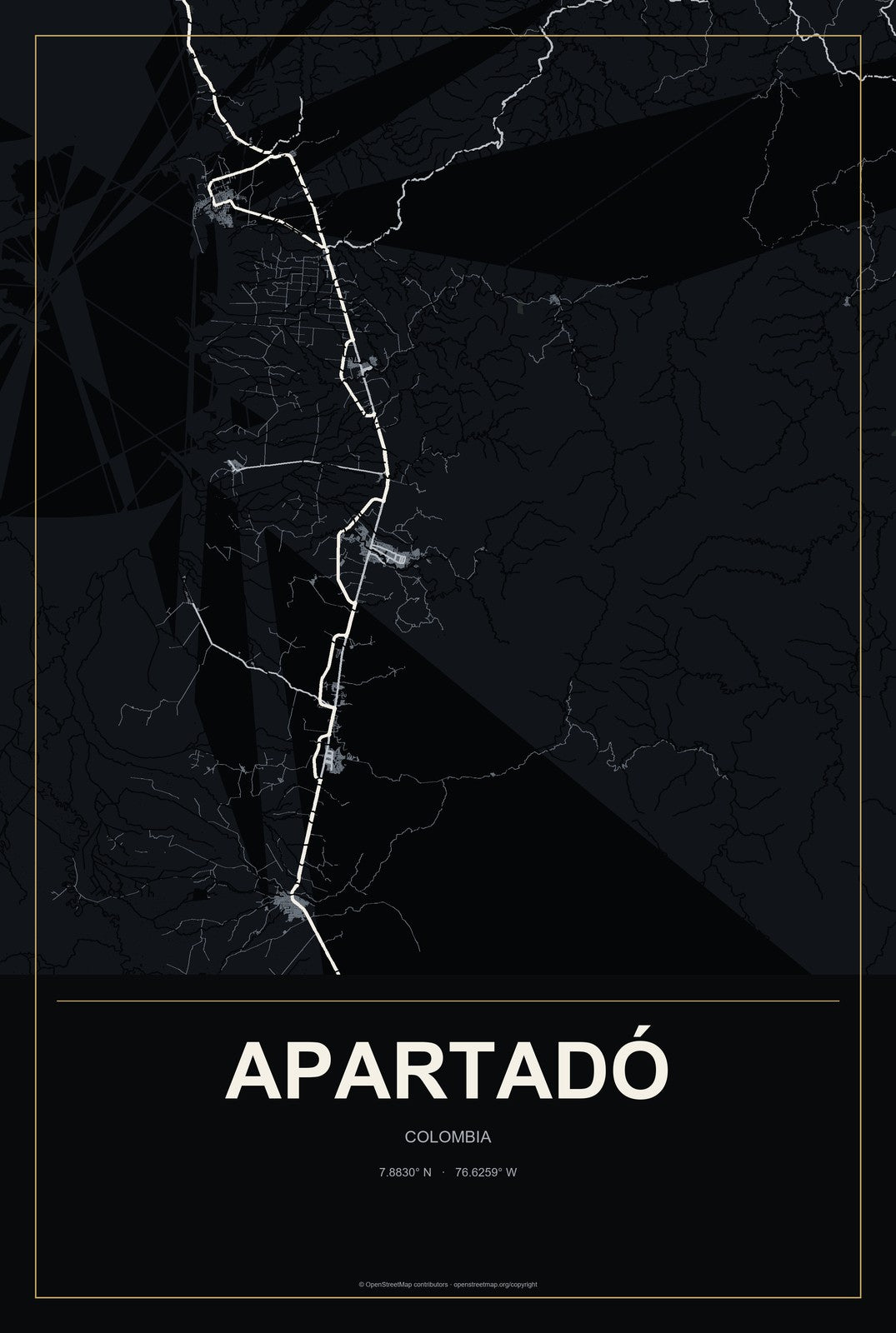 Apartadó, Colombia City Map Aluminum Sign in Metropolitan Noir style