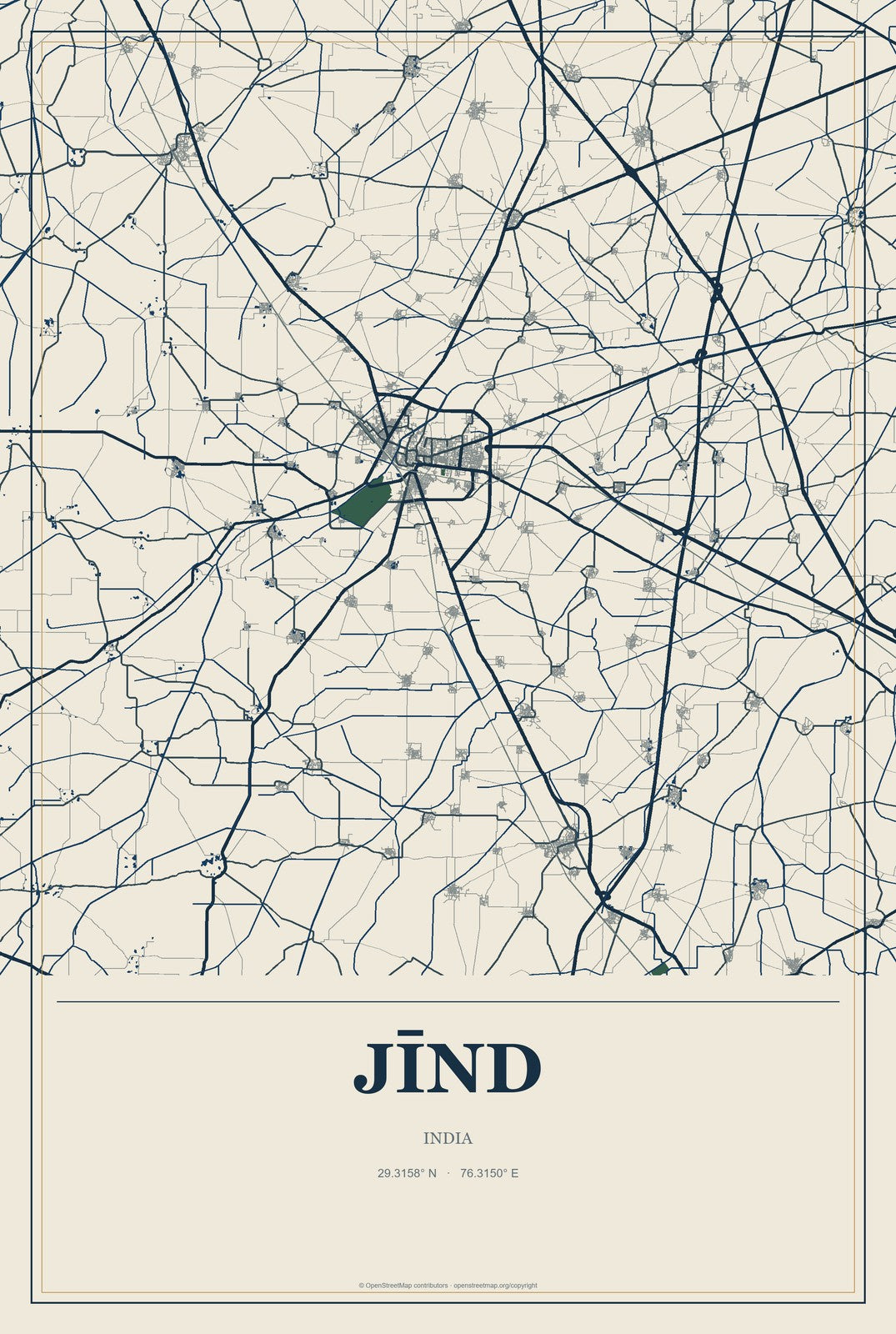 Jīnd, India City Map Aluminum Sign in Coastal Cutout style