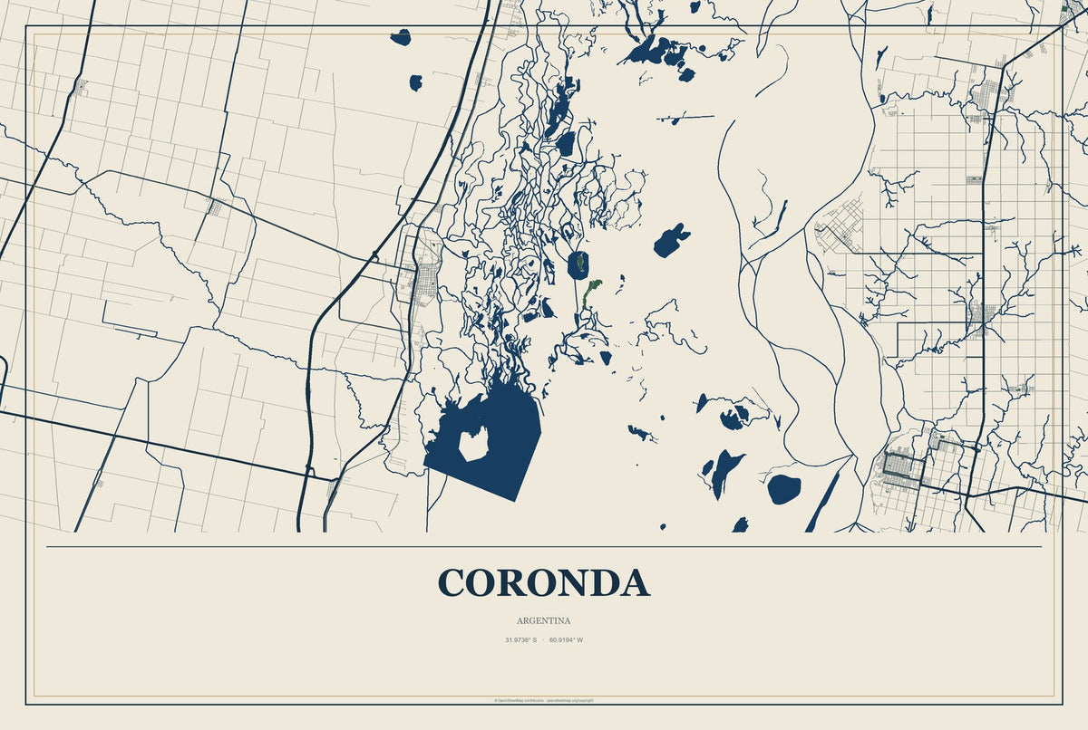 Coronda, Argentina City Map Aluminum Sign in Coastal Cutout style