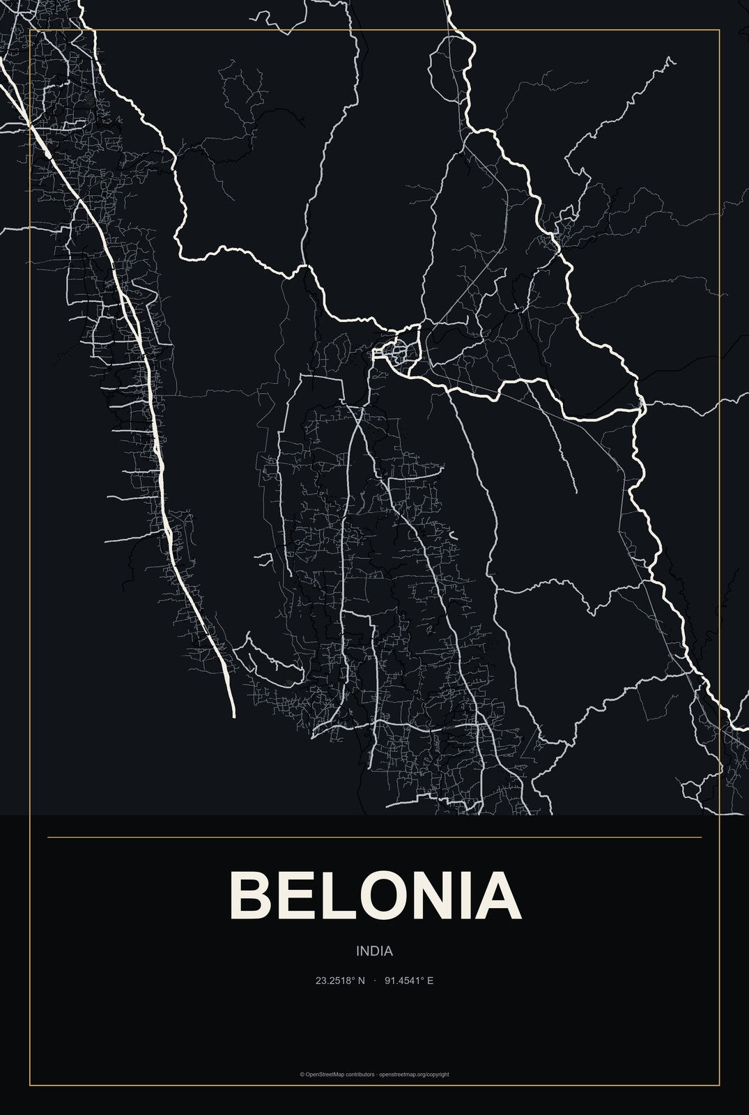 Belonia, India City Map Aluminum Sign in Metropolitan Noir style