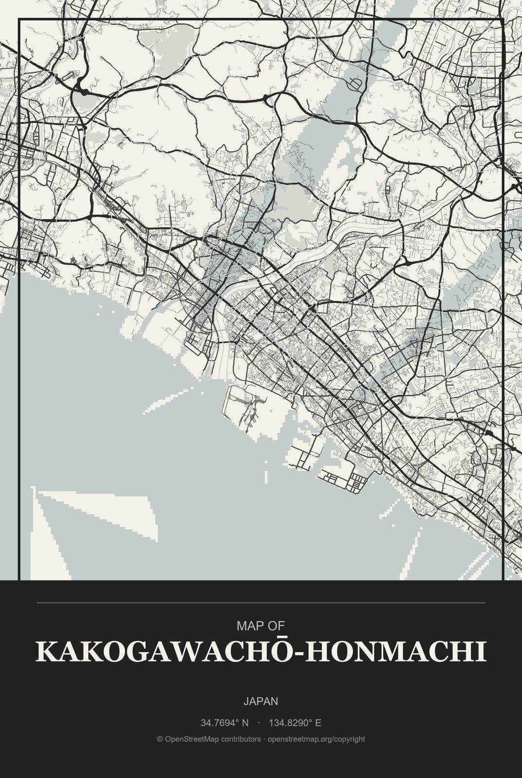 Kakogawachō-honmachi, Japan City Map Aluminum Sign in Museum Plaque style