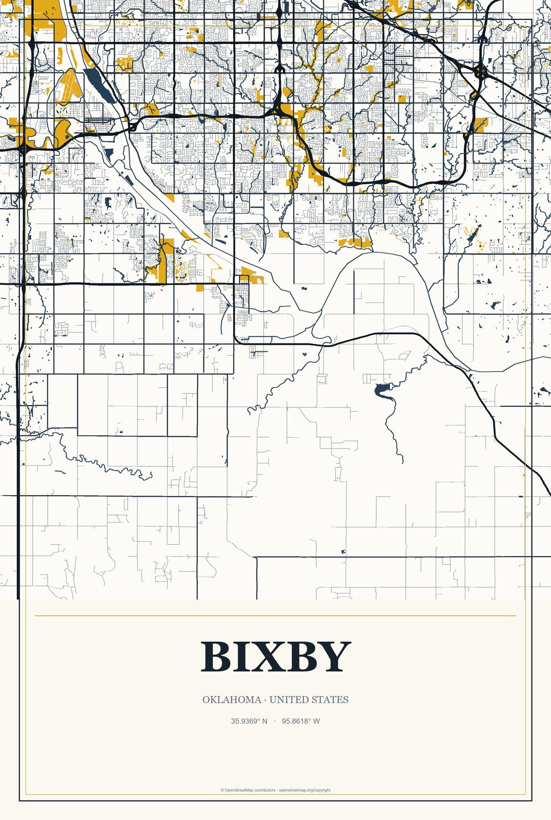 Bixby, Oklahoma City Map Aluminum Sign in Citrine Modern style
