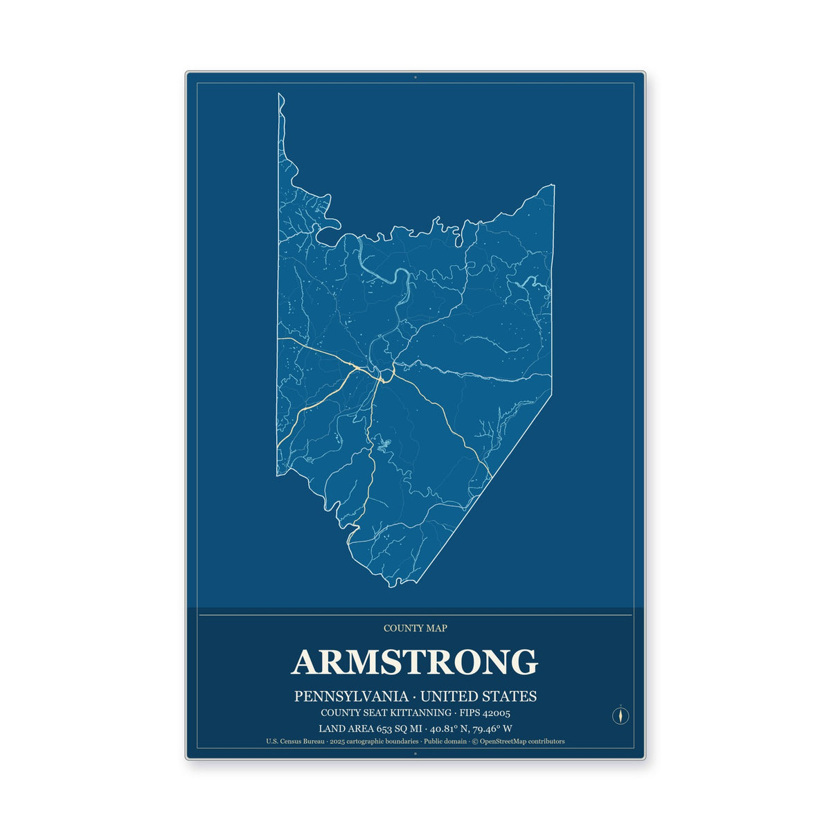 Armstrong County, Pennsylvania Map Aluminum Sign in Harbor Cobalt style