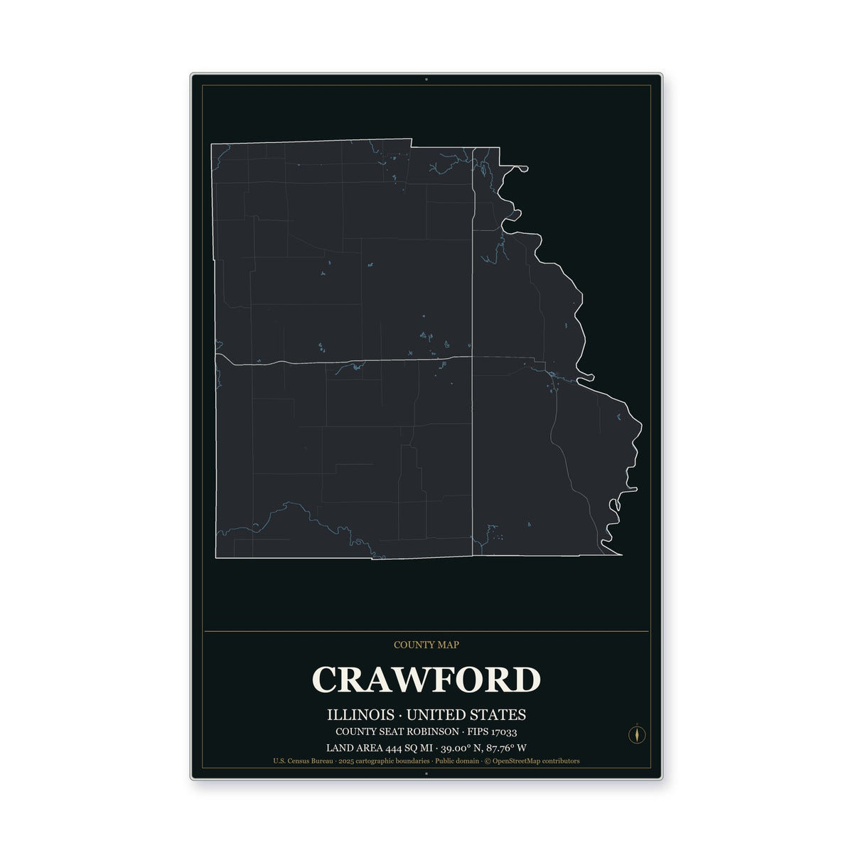 Crawford County, Illinois Map Aluminum Sign in Metropolitan Noir style