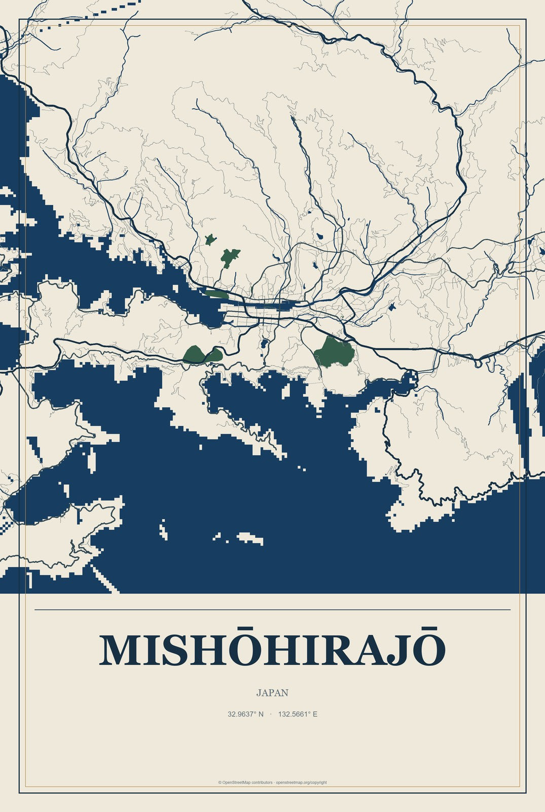 Mishōhirajō, Japan City Map Aluminum Sign in Coastal Cutout style