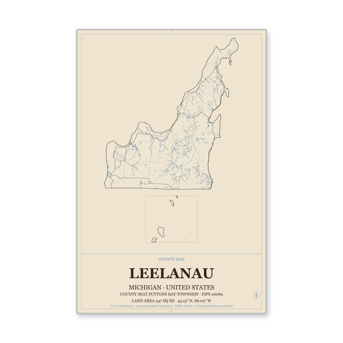 Leelanau County, Michigan Map Aluminum Sign in Heritage Nautical style