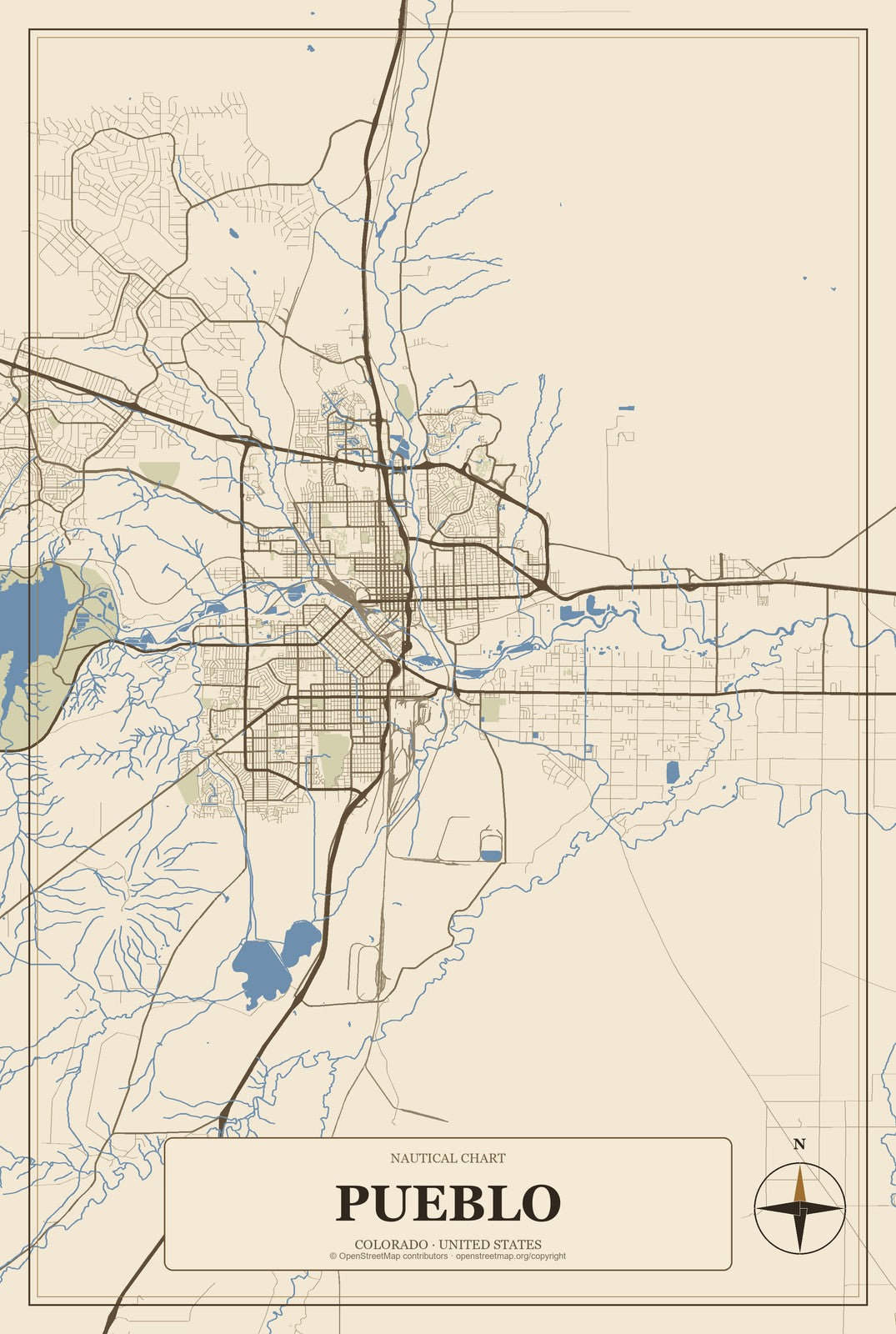 Pueblo, Colorado City Map Aluminum Sign in Heritage Nautical style