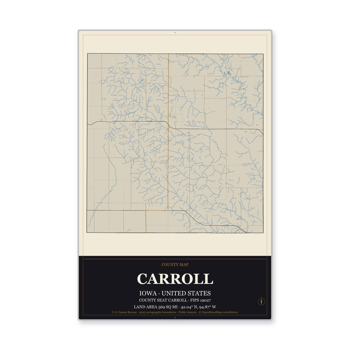 Carroll County, Iowa Map Aluminum Sign in Museum Plaque style