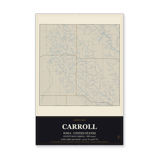 Carroll County, Iowa Map Aluminum Sign in Museum Plaque style