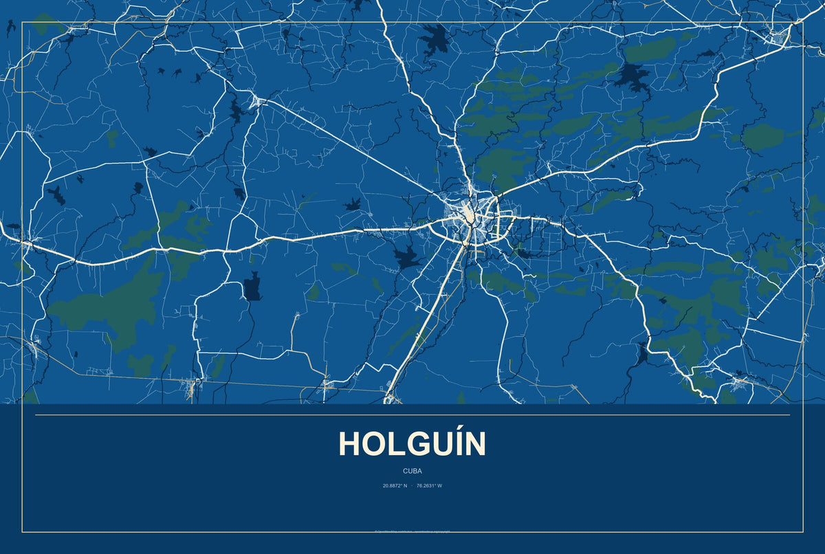 Holguín, Cuba City Map Aluminum Sign in Harbor Cobalt style