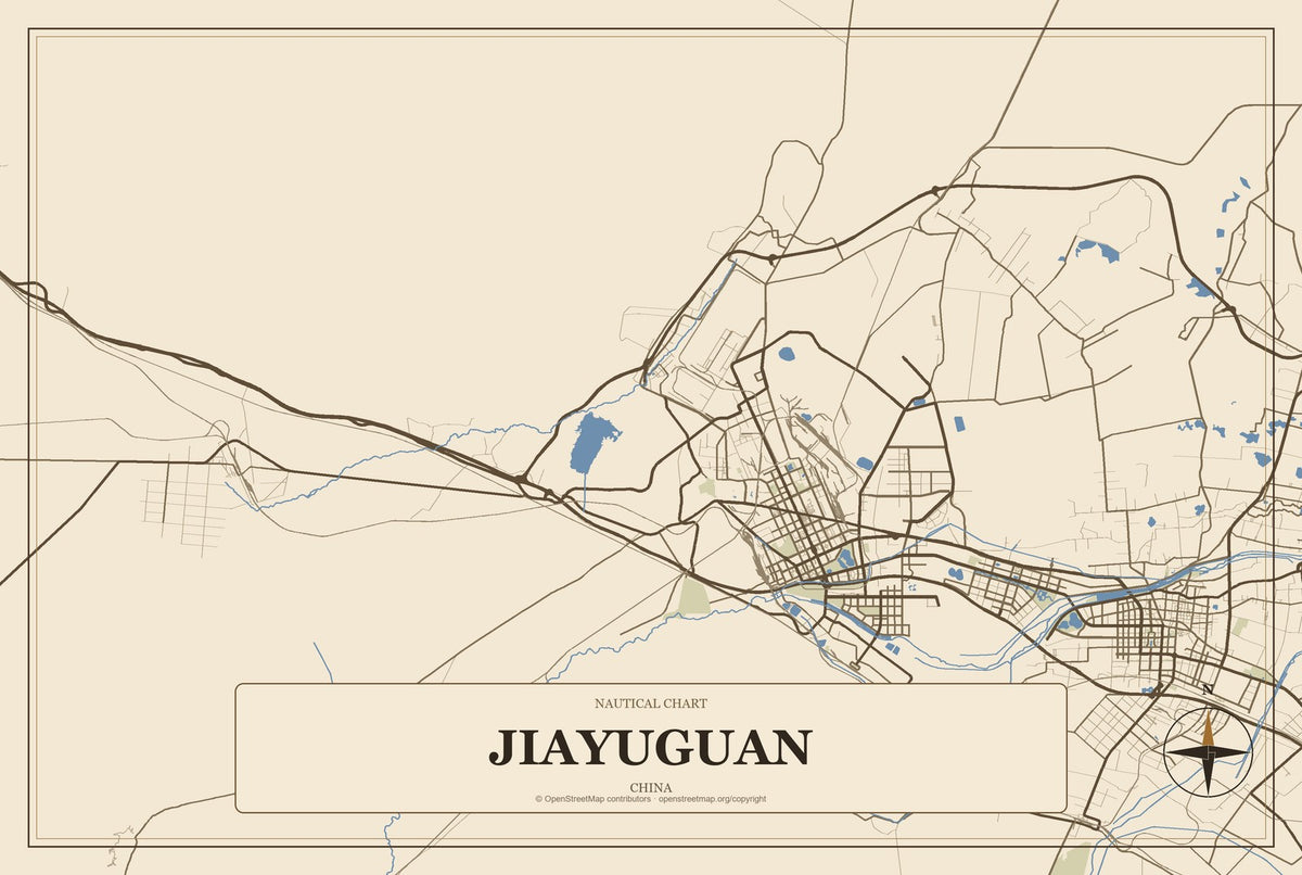 Jiayuguan, China City Map Aluminum Sign in Heritage Nautical style
