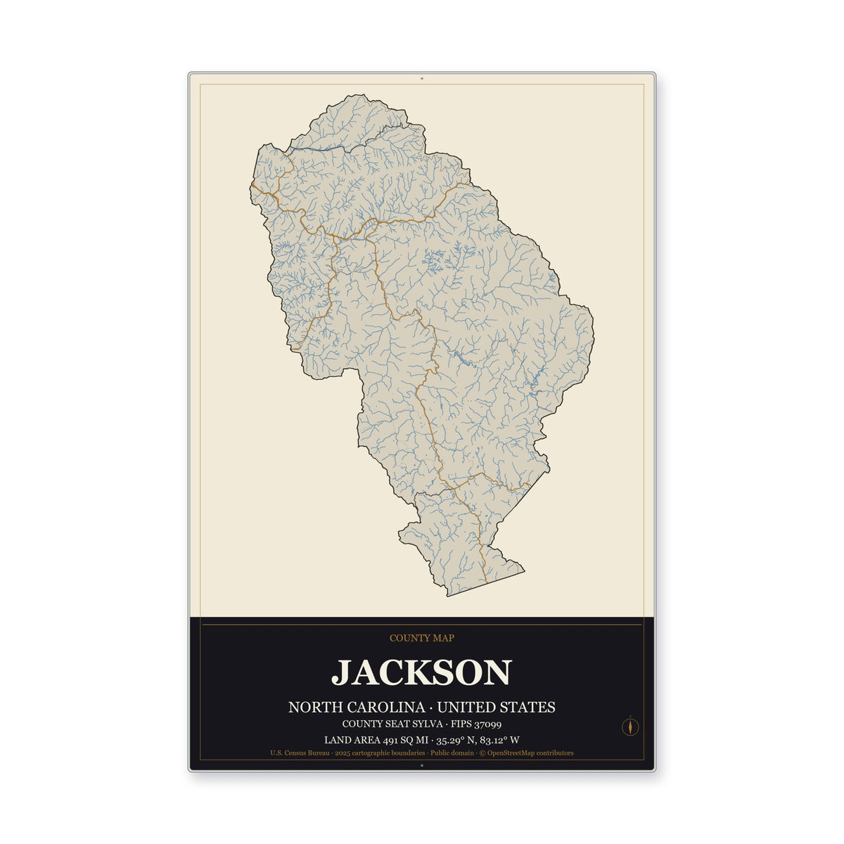Jackson County, North Carolina Map Aluminum Sign in Museum Plaque style