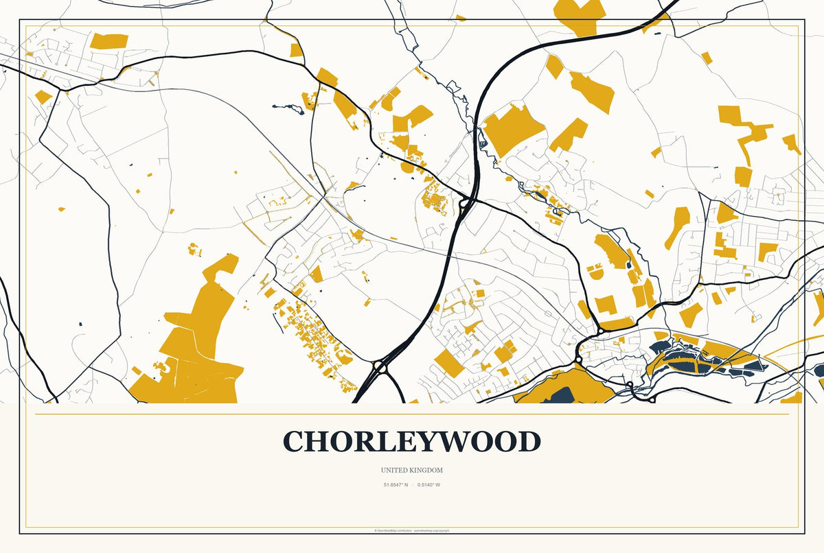 Chorleywood, United Kingdom City Map Aluminum Sign in Citrine Modern style