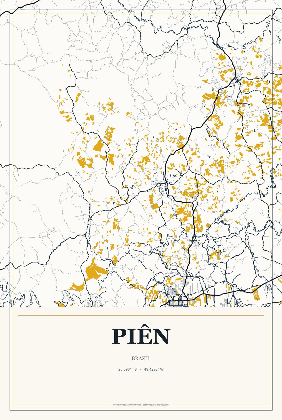 Piên, Brazil City Map Aluminum Sign in Citrine Modern style