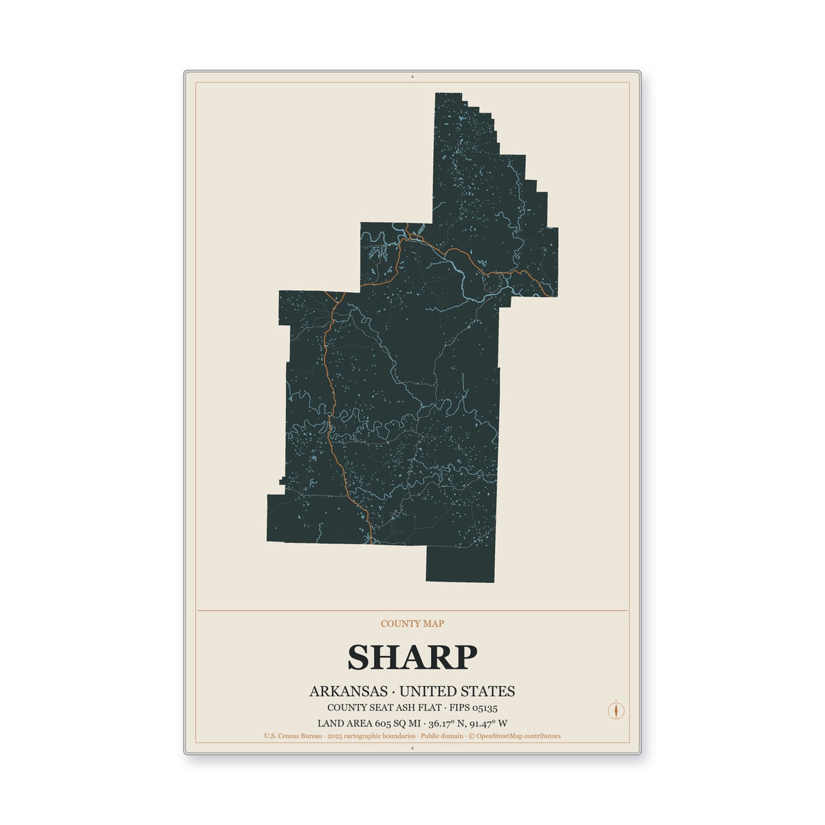 Sharp County, Arkansas Map Aluminum Sign in Headline Atlas style