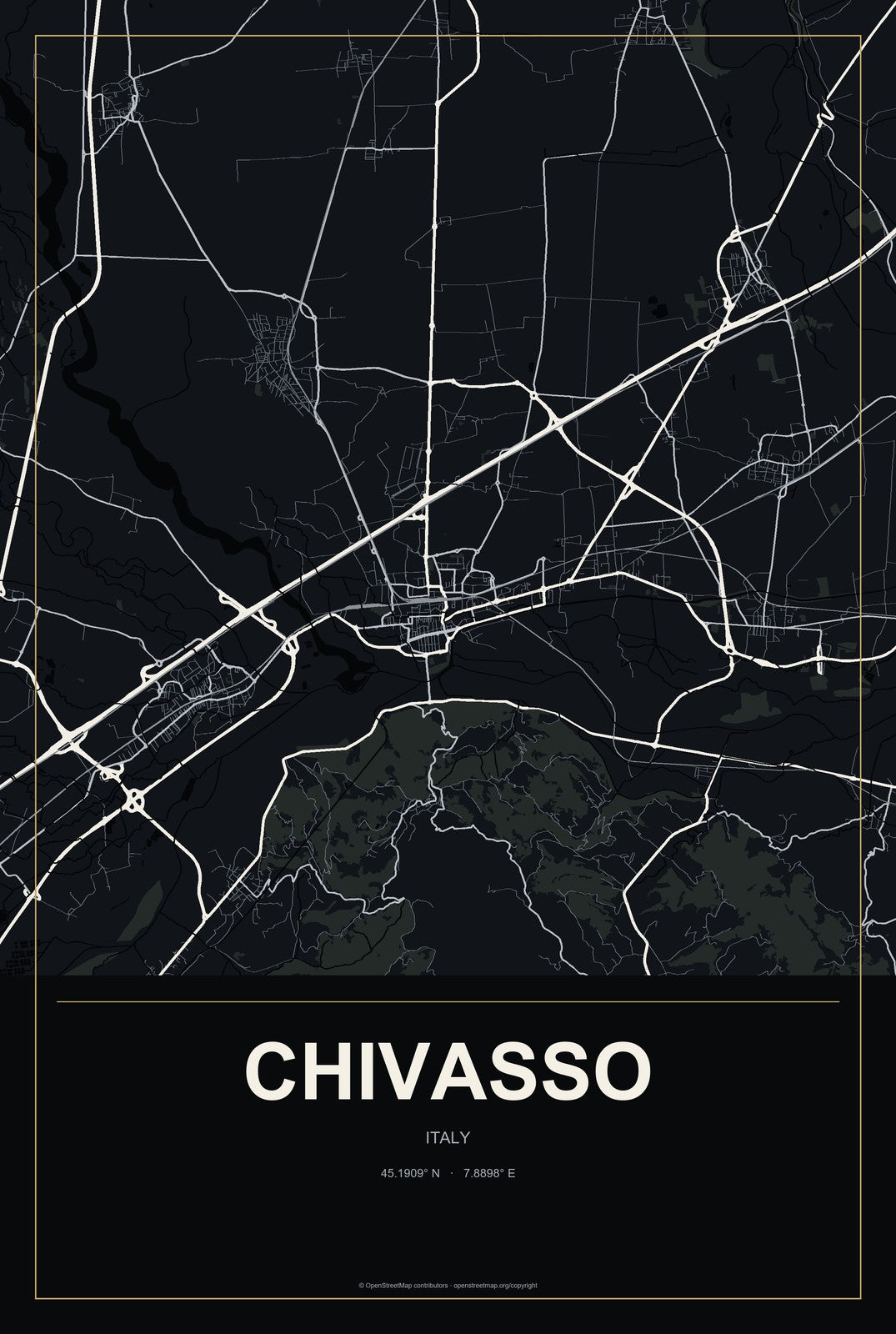 Chivasso, Italy City Map Aluminum Sign in Metropolitan Noir style