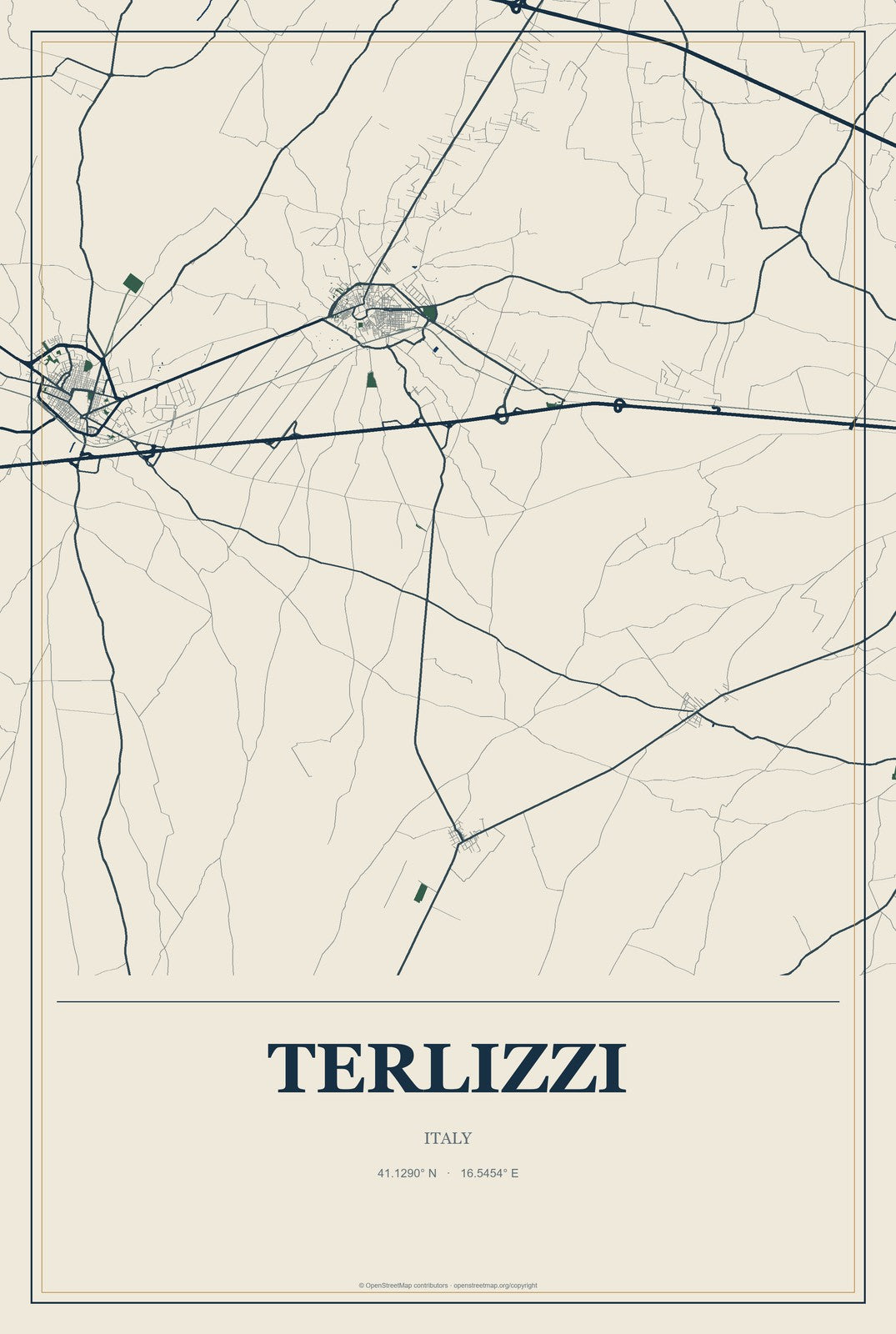 Terlizzi, Italy City Map Aluminum Sign in Coastal Cutout style