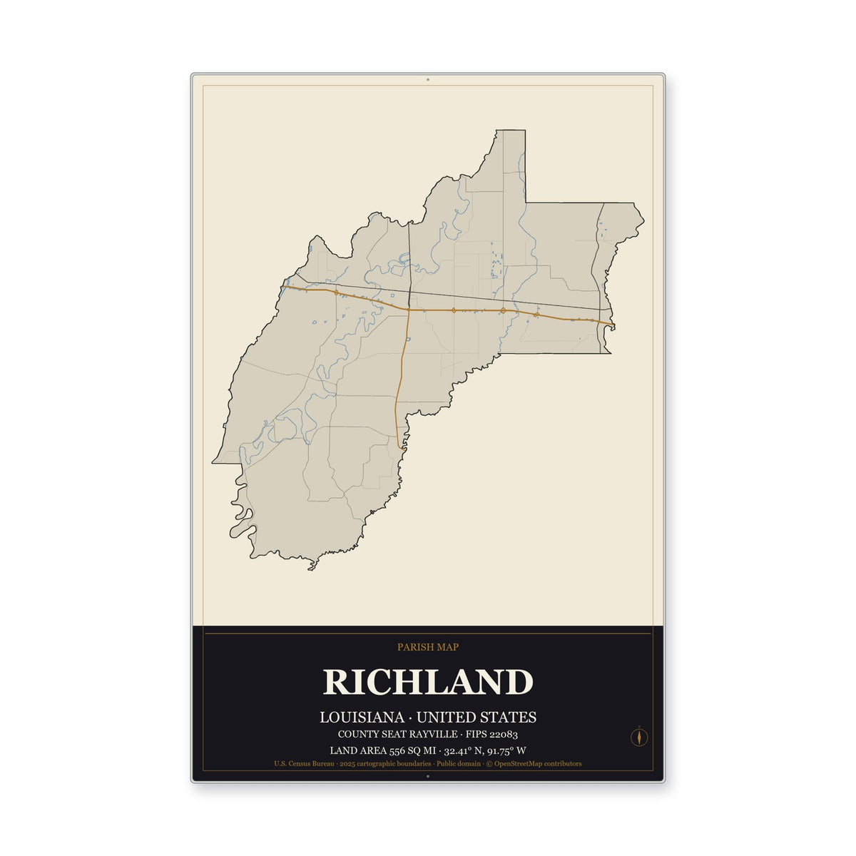 Richland Parish, Louisiana Map Aluminum Sign in Museum Plaque style
