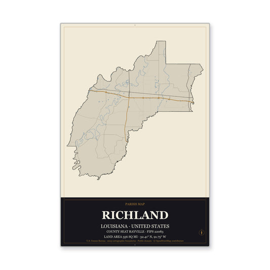 Richland Parish, Louisiana Map Aluminum Sign in Museum Plaque style