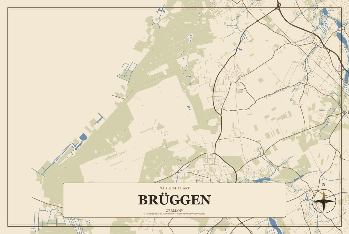 Brüggen, Germany City Map Aluminum Sign in Heritage Nautical style