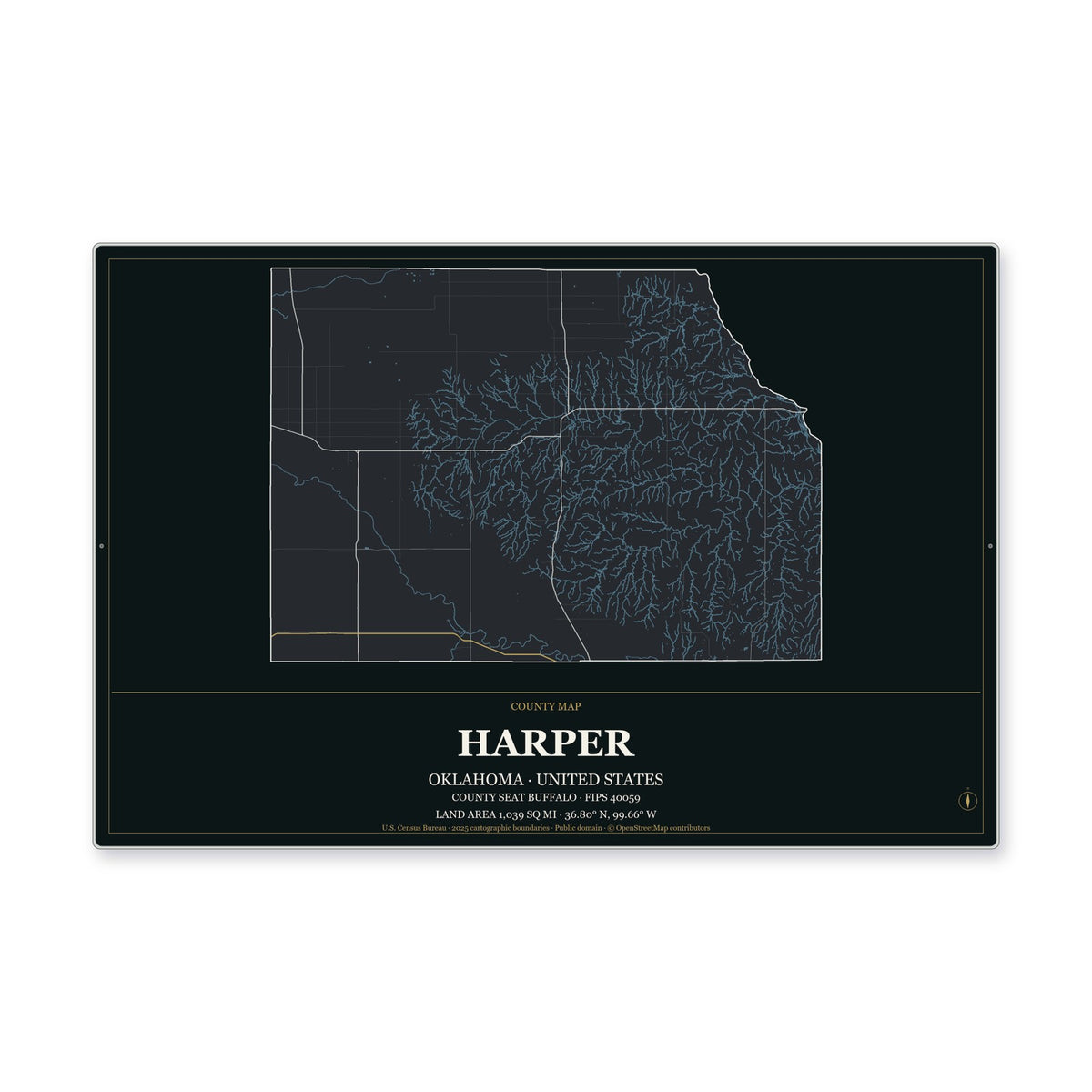 Harper County, Oklahoma Map Aluminum Sign in Metropolitan Noir style