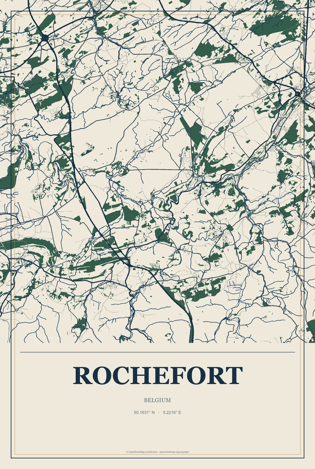 Rochefort, Belgium City Map Aluminum Sign in Coastal Cutout style