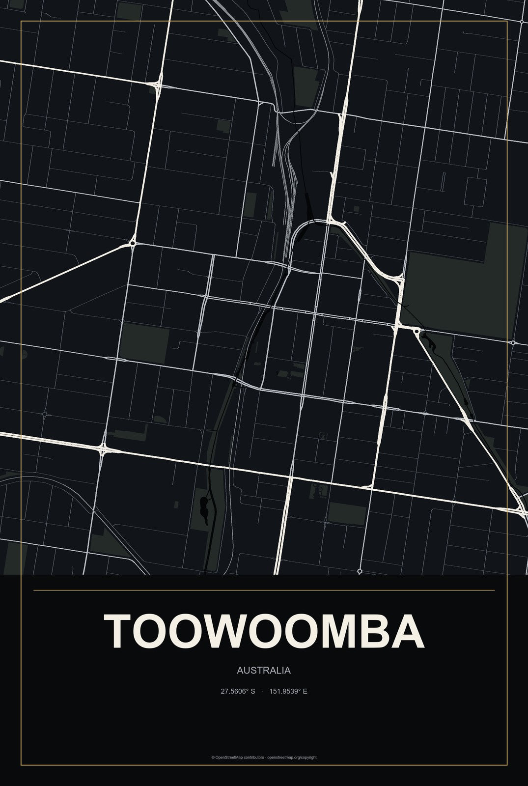 Toowoomba, Australia City Map Aluminum Sign in Metropolitan Noir style