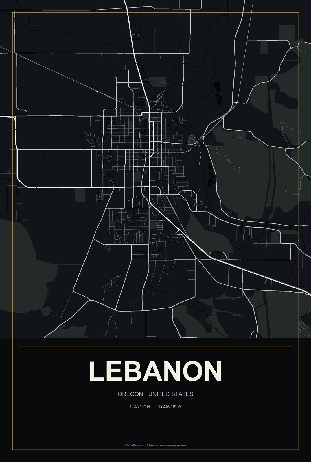 Lebanon, Oregon City Map Aluminum Sign in Metropolitan Noir style