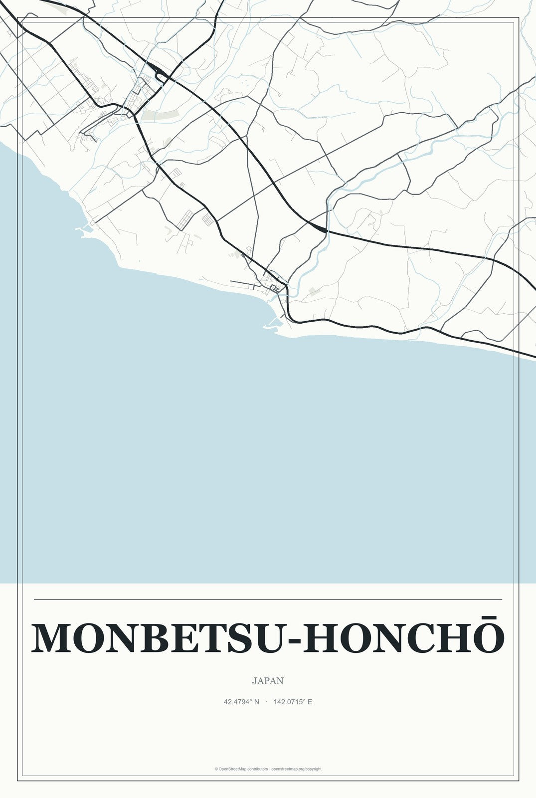 Monbetsu-honchō, Japan City Map Aluminum Sign in Gallery Air style