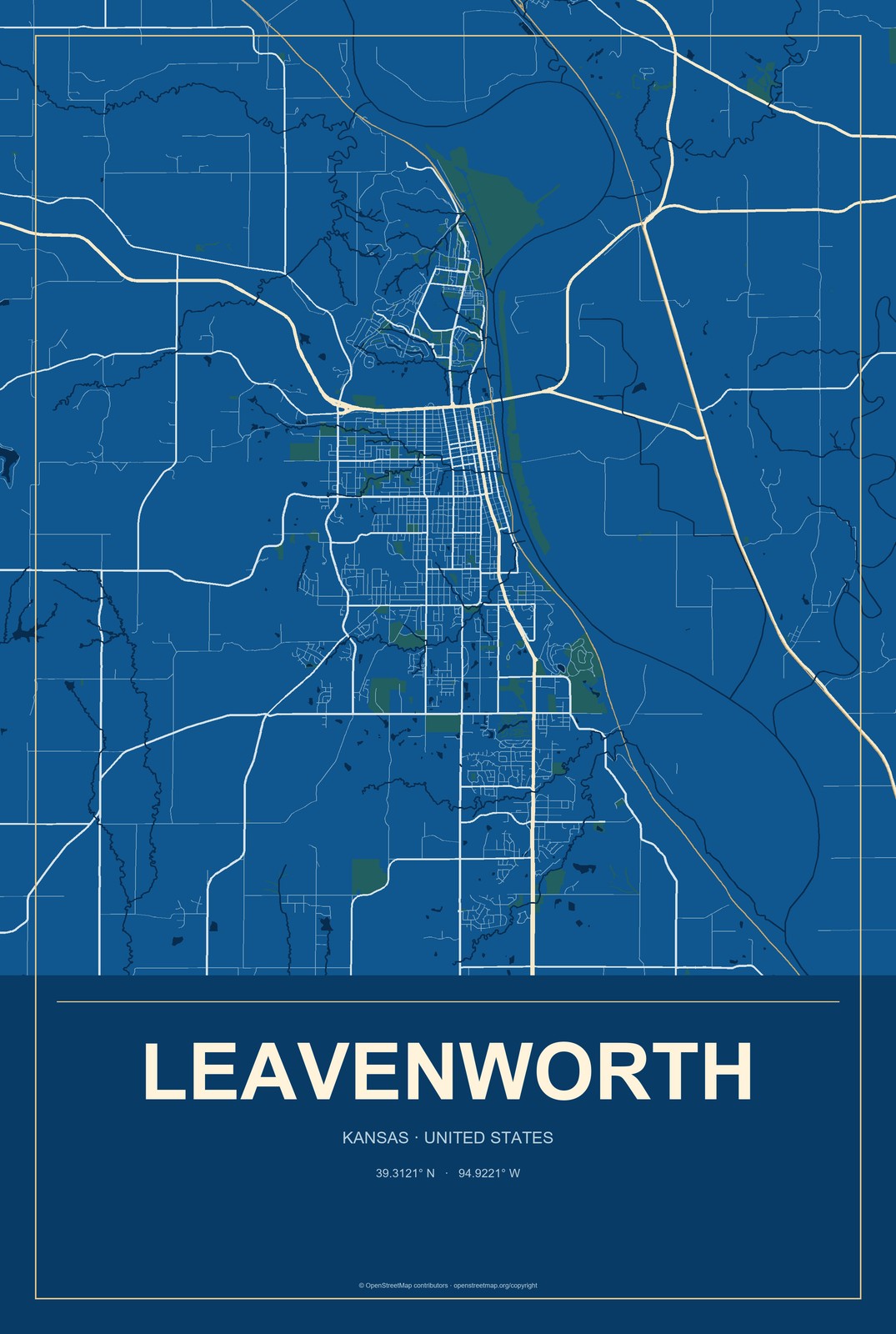 Leavenworth, Kansas City Map Aluminum Sign in Harbor Cobalt style