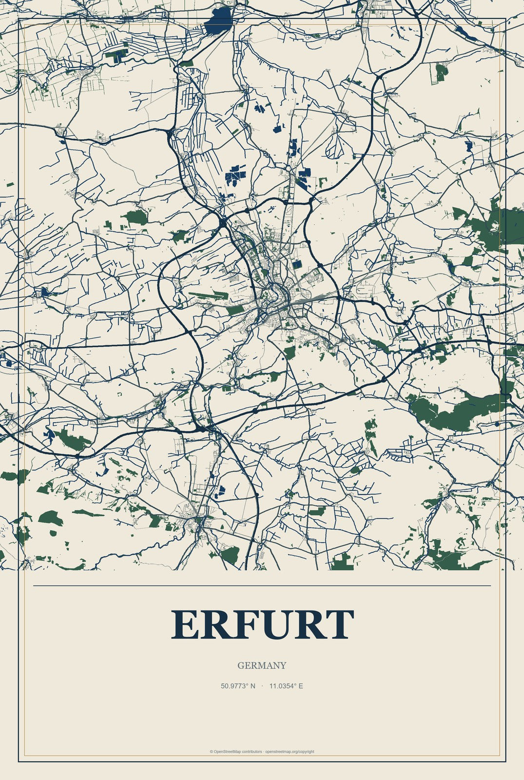 Erfurt, Germany City Map Aluminum Sign in Coastal Cutout style