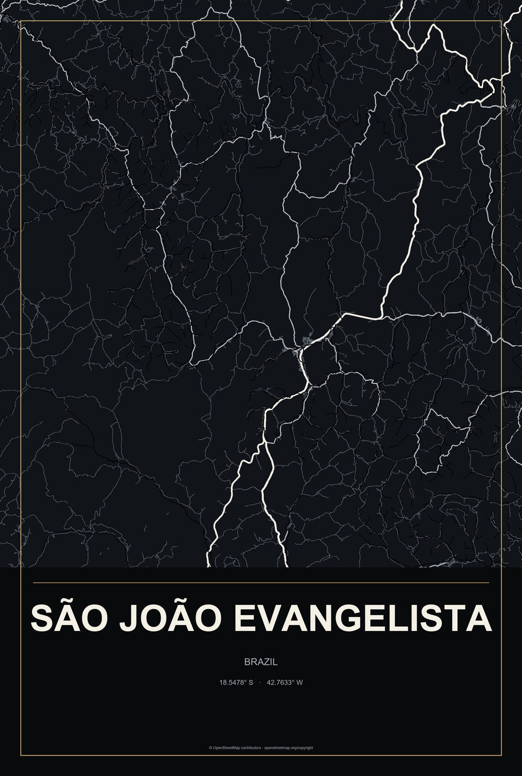São João Evangelista, Brazil City Map Aluminum Sign in Metropolitan Noir style