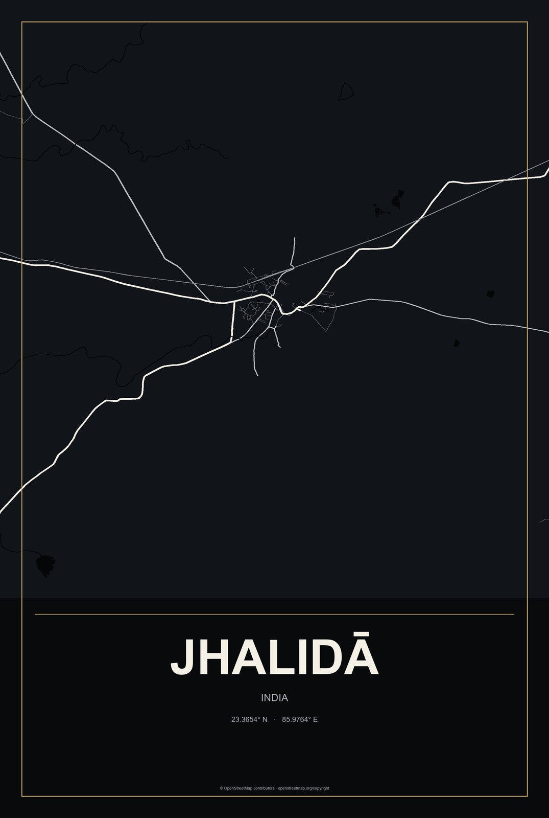 Jhalidā, India City Map Aluminum Sign in Metropolitan Noir style