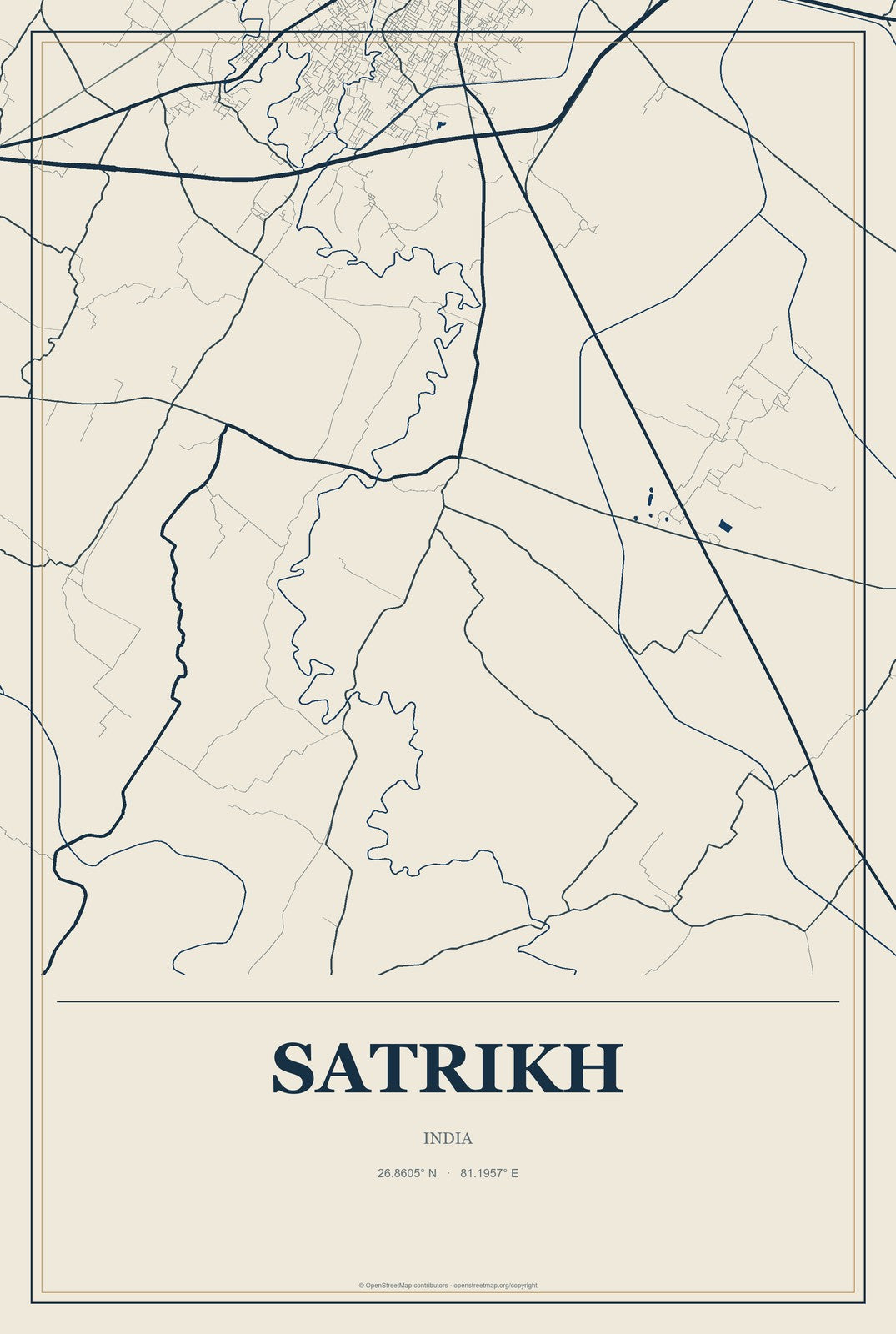Satrikh, India City Map Aluminum Sign in Coastal Cutout style