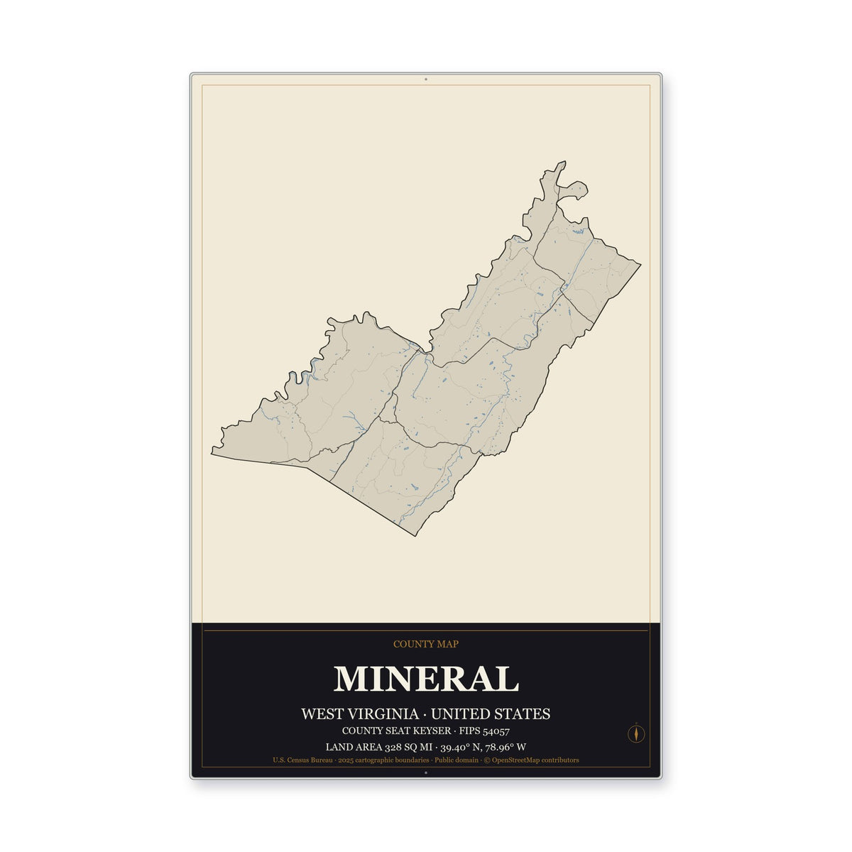 Mineral County, West Virginia Map Aluminum Sign in Museum Plaque style