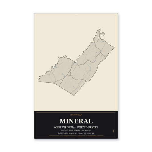 Mineral County, West Virginia Map Aluminum Sign in Museum Plaque style