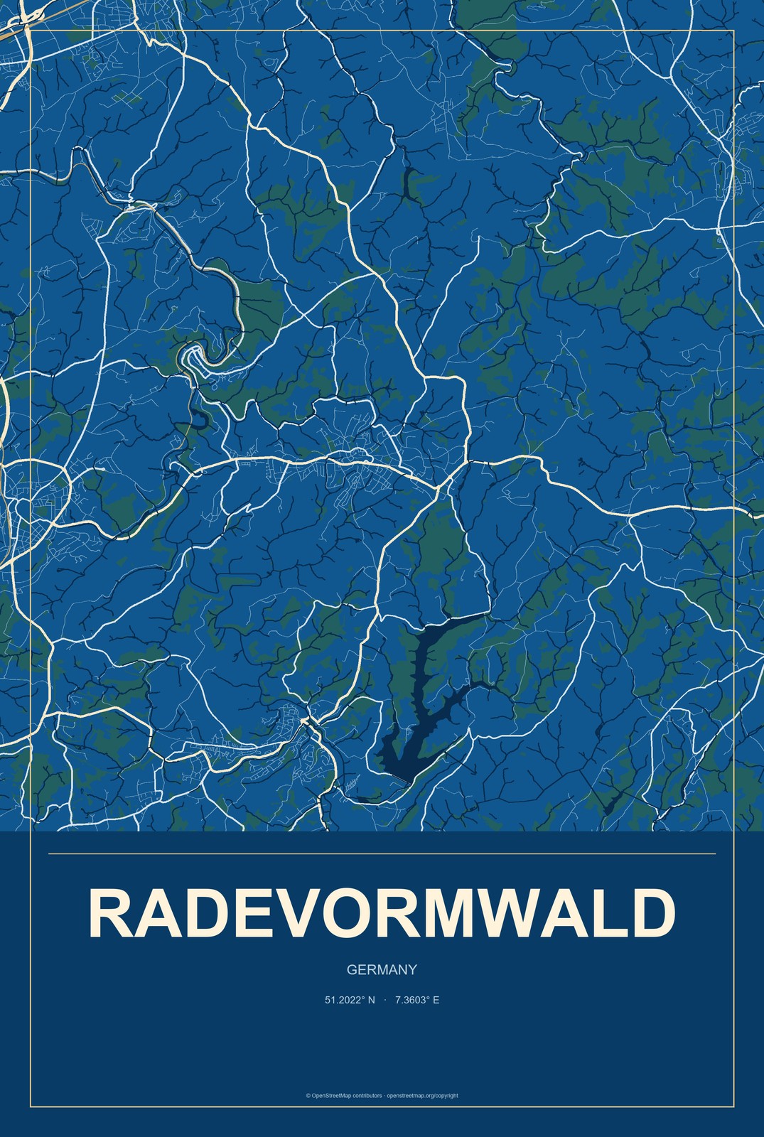Radevormwald, Germany City Map Aluminum Sign in Harbor Cobalt style