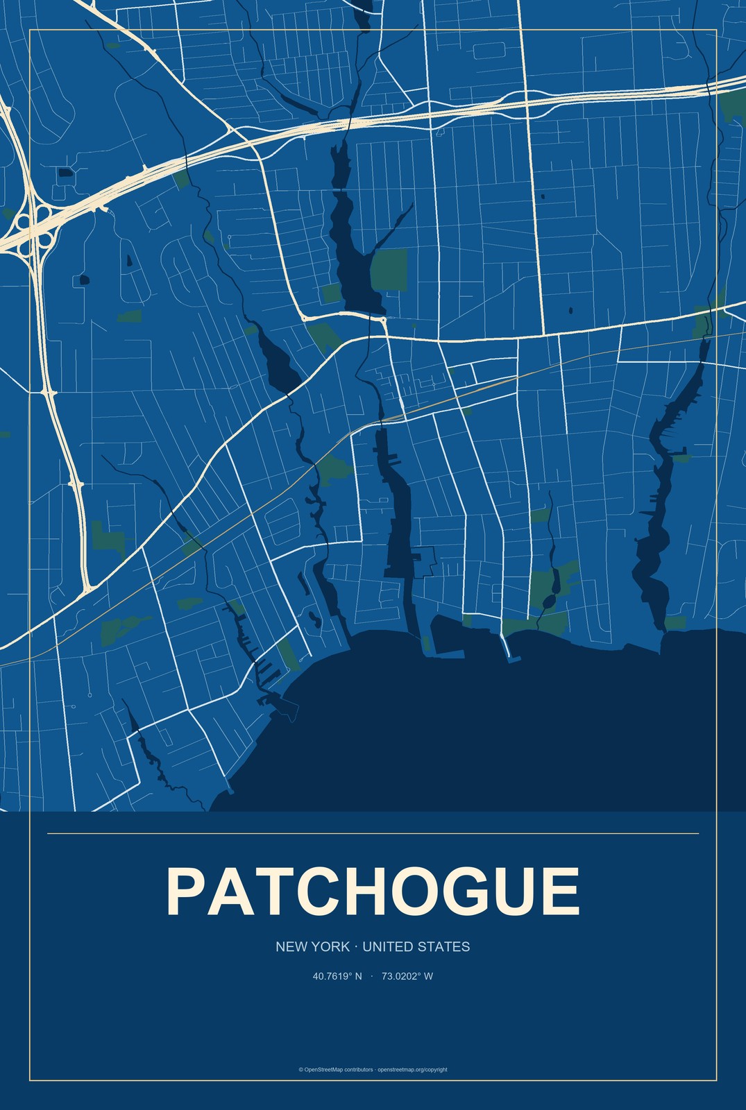 Patchogue, New York City Map Aluminum Sign in Harbor Cobalt style